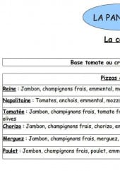 Menu La Panifica - Les pizzas classiques