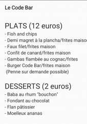 Menu Code Bar - Les plats, desserts