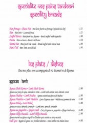 Menu Le Maharajah - Les spécialités pains tandoori et les plats