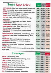 Menu Chic Pizza drome pizzas - Les pizzas base crème, classiques, ....