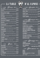 Menu Al Capone - Les entrées, pizzas et desserts, ...