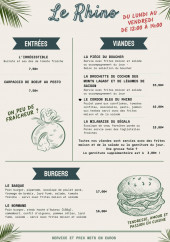 Menu Le Rhino - Les entrées, viandes et burger