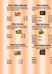 Menu Masala Palace - Les plats tikka, plats achari et plats kurma,...