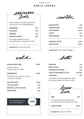 Menu Perla Negra - Les cafés, chocolat chauds, ...