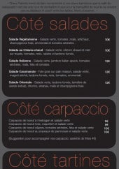 Menu Coté pizzas - Les salades, carpaccio et tartines