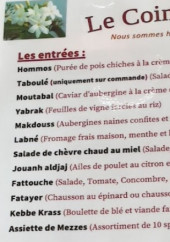 Menu Le Coin du Jasmin - Les entrées