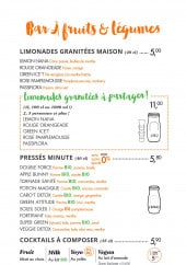 Menu Le paradis du fruit - Les limonades granitées maison, pressés minute,  cocktails à composer,  cocktails stars et  shot énergie