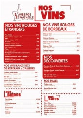 Menu L'Auberge Espagnole - Vins, bières, softs,....