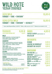 Menu Wild Note Vegan Burger - Les burgers, desserts et boissons,