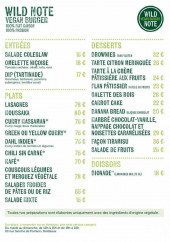 Menu Wild Note Vegan Burger - Les entrées, plats et desserts, ...