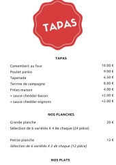 Menu Chez lez Amis - Les tapas, plats et desserts, ...