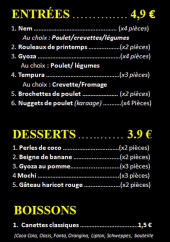 Menu Coco d'Asie - Les entrées, desserts et boissons, ...