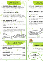 Menu Green Gorilla - Les formules, burgers, ....