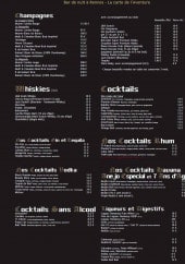 Menu L'Aventure - Cocktails, whiskies, champagnes;....