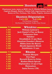 Menu Le Hasard - Shooters, whiskies et rhums