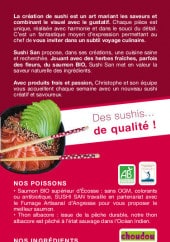 Menu Sushi San - Poissons, ingrédients et accompagnements