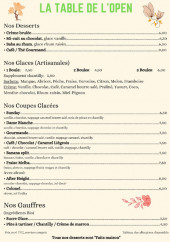 Menu La Table de L'Open - Les desserts, glaces, ...