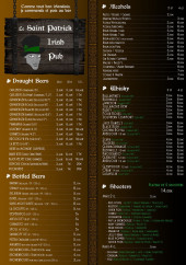 Menu Le Saint Patrick - Les bières; whisky et alcools