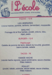 Menu L'ecole - Les pizzas, burgers et tacos, ...