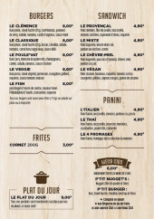 Menu Café Vatel - Burgers, sandwiches, paninis,...