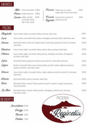 Menu Reginella - Les entrées, pizzas et desserts