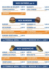Menu L'Affamé - Les entrées, burgers et sandwichs