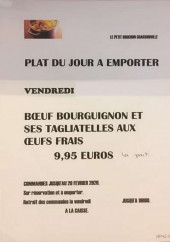 Menu Le petit bouchon - Un exemple des plats du jour à emporter