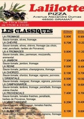 Menu Lalilotte Pizza - Les pizzas classiques