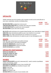 Menu Vietnam Quan - Les spécialités, soupes, ...