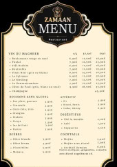 Menu Zamaan - Les vins, bières, ....