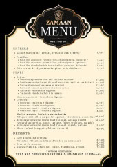 Menu Zamaan - Les entrées, plats, ...