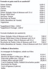 Menu Chez zeki - Les formules en pain rond, formules étudiants et grillades,...