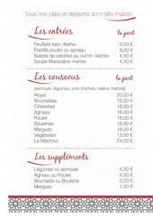 Menu Allo Couscous - Les entrées, couscous et suppléments
