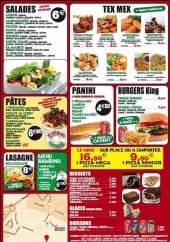 Menu Pizza king - les salades, tex mex, pâtes, lasagnes, menu Bambino, paninis, burgers, desserts, glaces et boissons
