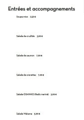 Menu Sushi's Bar - Les entrées et accompagnements