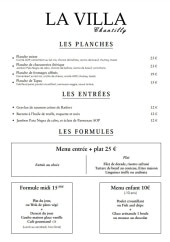 Menu La Villa - Les entrées, planche et formules