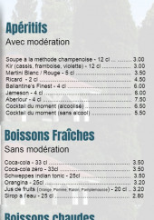 Menu Château de Quesmy - Les aperitifs, boissons fraiches et chaudes