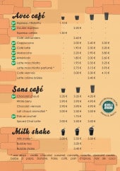 Menu Kawa coffee house - Les boissons avec café, sans café et milk shakes