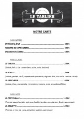 Menu Le Tablier - les entrées, salades et pates