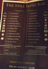 Menu The Still Irish Bar - Exemple de menu