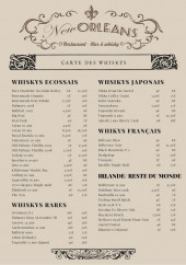 Menu New Orleans - Carte des whiskys