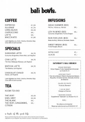 Menu Bali Bowls - Les coffees, infusions, spéciales et tea