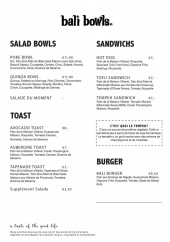 Menu Bali Bowls - Les salades, sandwichs, burgers et toasts