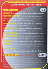 Menu Mystic Pizza - Les pizzas et pates