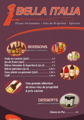 Menu Bella Italia - Les boissons et desserts