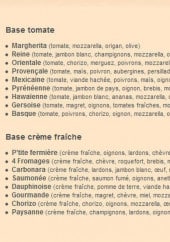 Menu Pizza Chez Lolo - Les pizzas à base de tomates et de crème fraîche