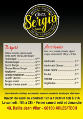 Menu Chez Sergio - Les burgers et Américains