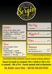 Menu Chez Sergio - Les galettes, tacos et boissons,...