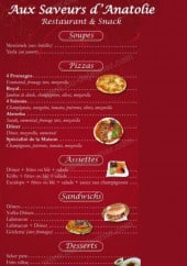 Menu Aux Saveurs D'Anatolie - Les soupes, les pizzas, les assiettes, sandwiches, desserts...