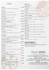 Menu Villa Romana - Les pizzas et suppléments